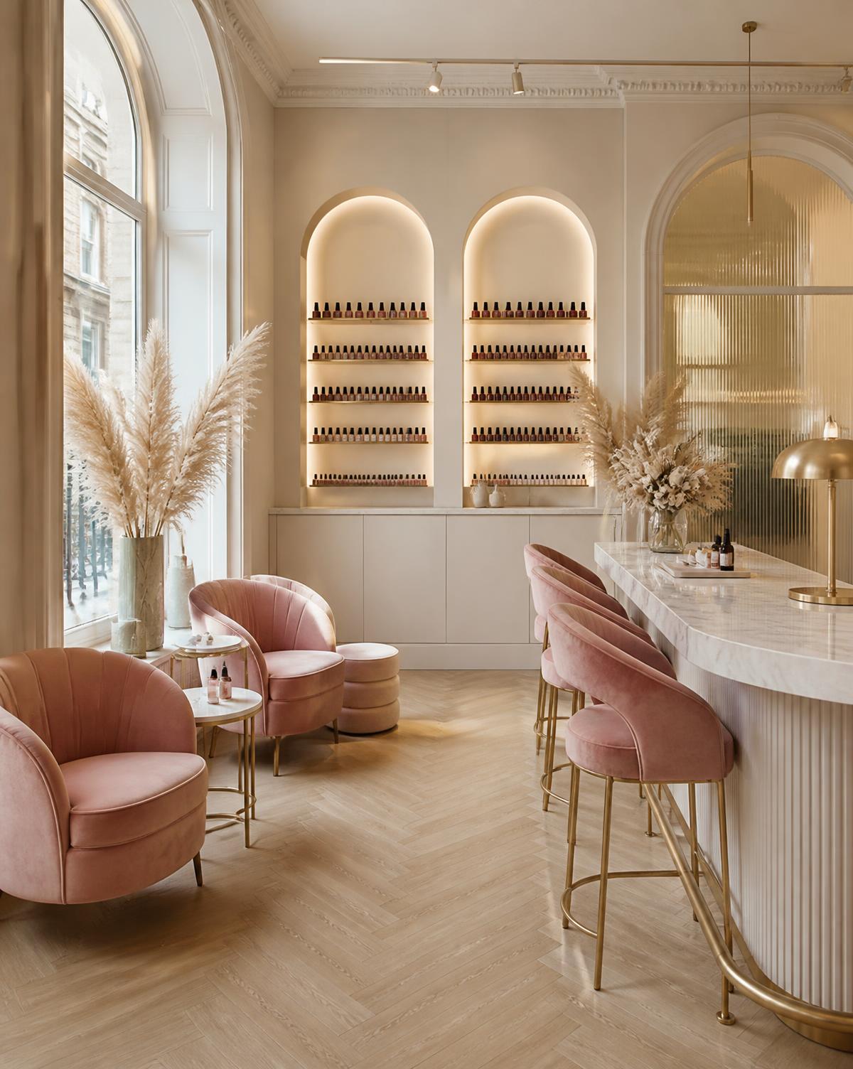Interior of the Sophia Nails studio with blush velvet chairs