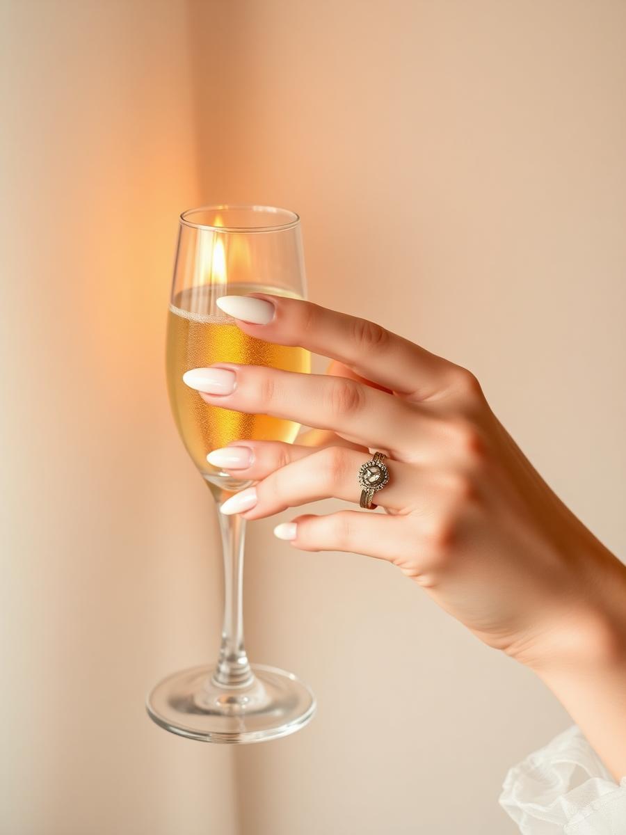 Hand with ivory almond nails holding a champagne flute