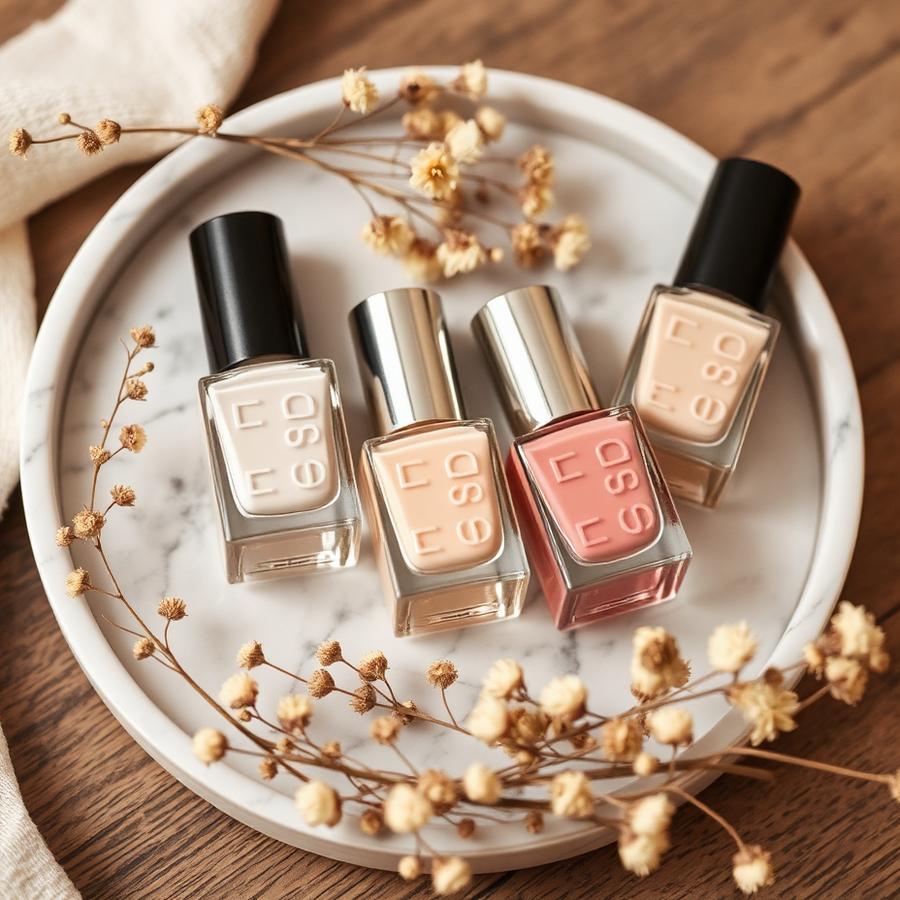 Nude and blush polish bottles on a marble tray
