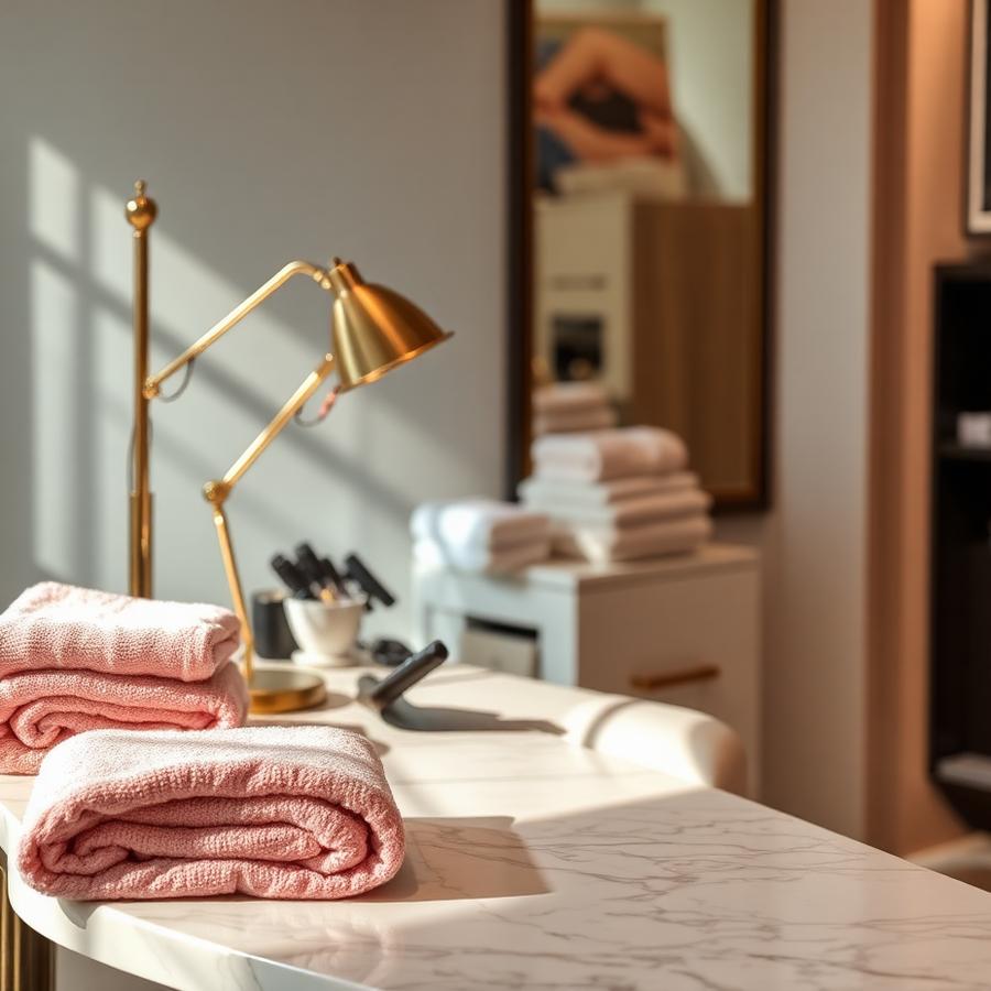 Brass lamp and blush towels on a marble workstation