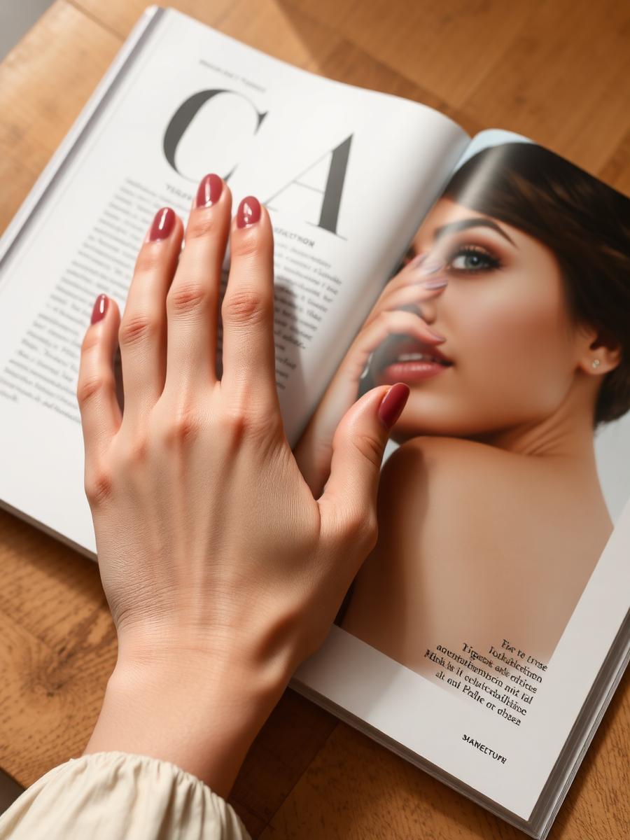 Dusty rose nails resting on an open beauty magazine