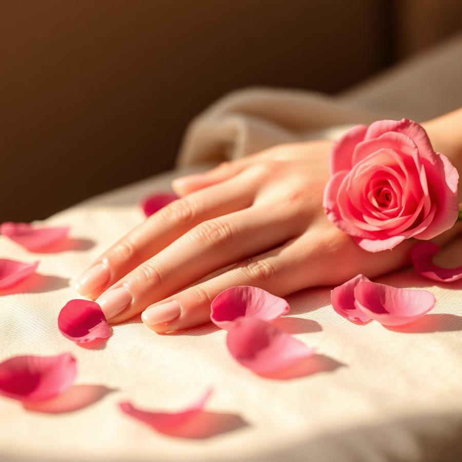 Hand cream and rose petals on ivory linen