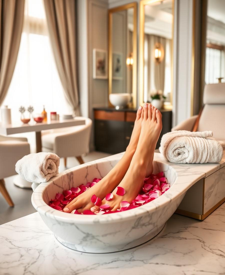 Luxury pedicure with rose petals in a marble basin